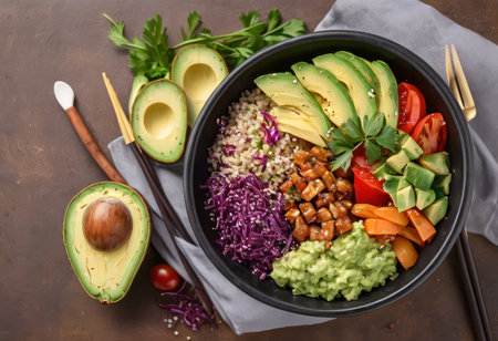 Healthy salad bowl with quinoa, tomatoes, chicken, avocado, lime and mixed greens, lettuce, parsley on wooden background top view. Food and health.の素材