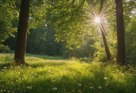 Scenic forest of fresh green deciduous trees framed by leaves, with the sun casting its warm rays through the foliageの素材