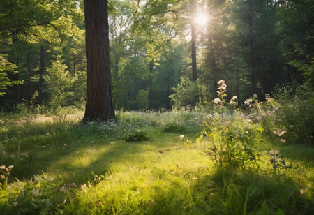 Scenic forest of fresh green deciduous trees framed by leaves, with the sun casting its warm rays through the foliageの素材