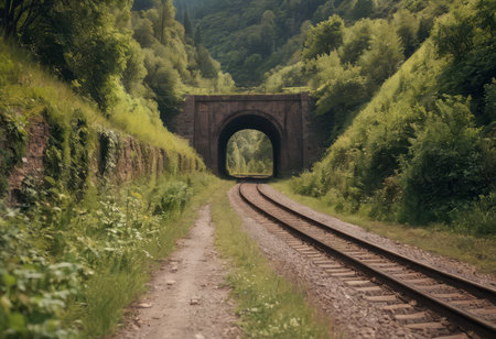 Rusty train tracks lead into a dark tunnel in a desaturated landscapeの素材