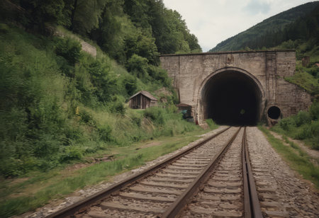 Rusty train tracks lead into a dark tunnel in a desaturated landscapeの素材