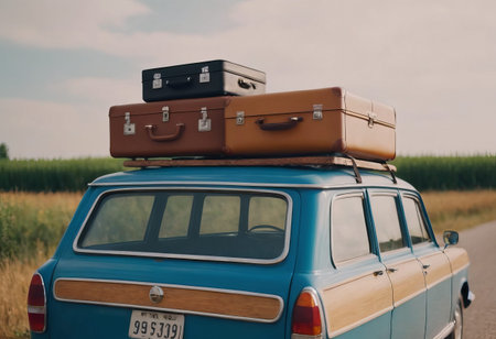 travelers' suitcases on the roof of an antique car driving along the road. The concept of memoryの素材