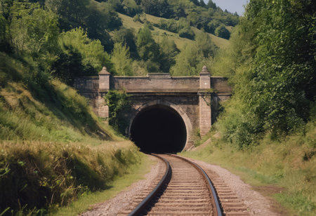 Rusty train tracks lead into a dark tunnel in a desaturated landscapeの素材