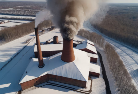 an old red brick boiler room, pipes with a cloud of steam, a winter landscape. A large city boiler house is operating at full capacityの素材