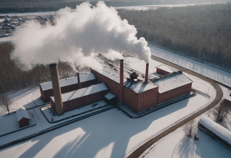 an old red brick boiler room, pipes with a cloud of steam, a winter landscape. A large city boiler house is operating at full capacityの素材