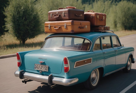 travelers' suitcases on the roof of an antique car driving along the road. The concept of memoryの素材
