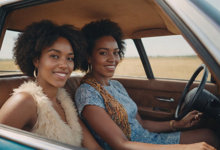 A picture of pretty young women driving a car during a road trip on a beautiful summer day.の素材