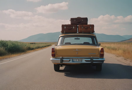 travelers' suitcases on the roof of an antique car driving along the road. The concept of memoryの素材