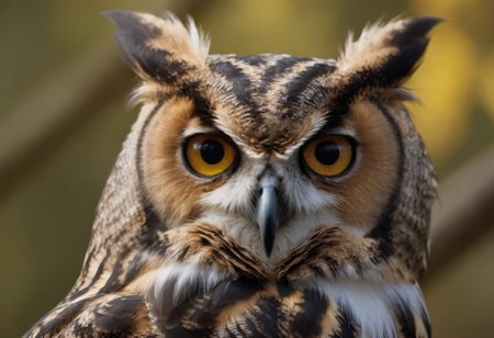 An Eurasian Eagle Owl staring at something out of shot in a woodland setting.の素材