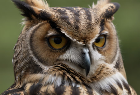 An Eurasian Eagle Owl staring at something out of shot in a woodland setting.の素材