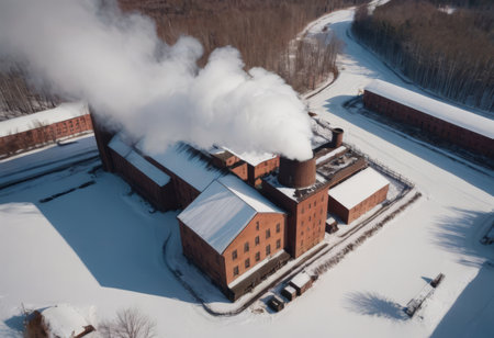an old red brick boiler room, pipes with a cloud of steam, a winter landscape. A large city boiler house is operating at full capacityの素材