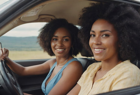 A picture of pretty young women driving a car during a road trip on a beautiful summer day.の素材