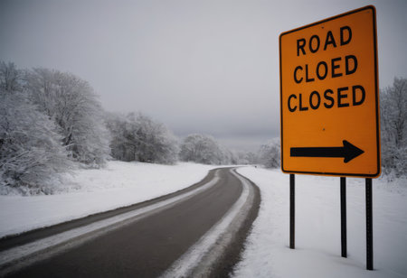 Road Closed sign placed beside a snow covered road on a cold winter dayの素材