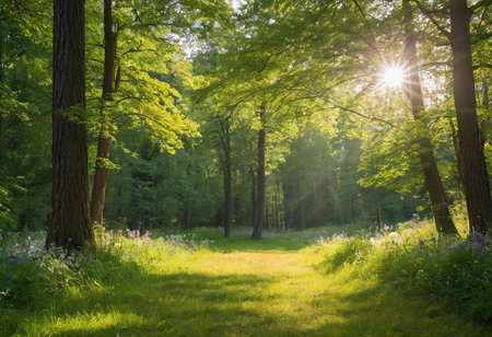Scenic forest of fresh green deciduous trees framed by leaves, with the sun casting its warm rays through the foliageの素材