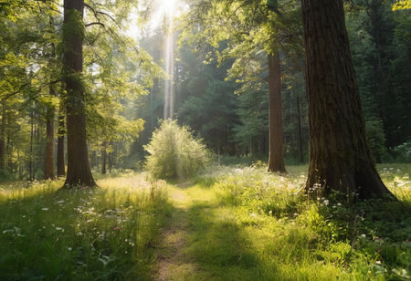 Scenic forest of fresh green deciduous trees framed by leaves, with the sun casting its warm rays through the foliageの素材