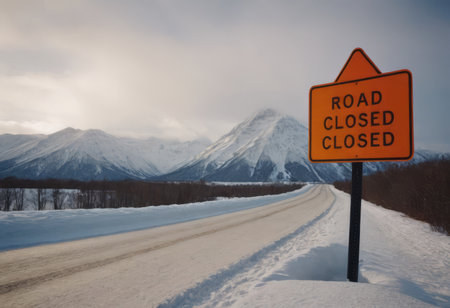 Road Closed sign placed beside a snow covered road on a cold winter dayの素材