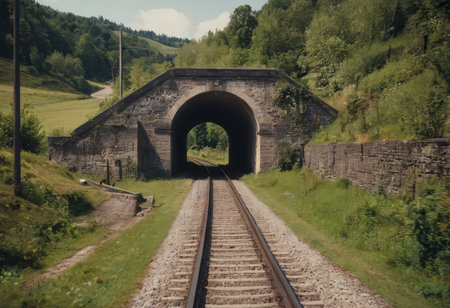 Rusty train tracks lead into a dark tunnel in a desaturated landscapeの素材