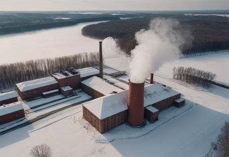 an old red brick boiler room, pipes with a cloud of steam, a winter landscape. A large city boiler house is operating at full capacityの素材