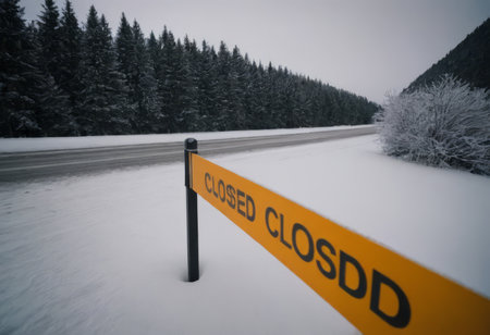 Road Closed sign placed beside a snow covered road on a cold winter dayの素材