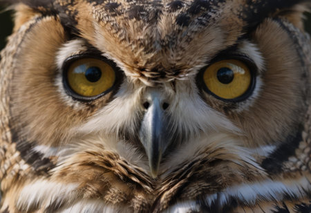 An Eurasian Eagle Owl staring at something out of shot in a woodland setting.の素材