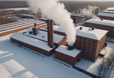 an old red brick boiler room, pipes with a cloud of steam, a winter landscape. A large city boiler house is operating at full capacityの素材