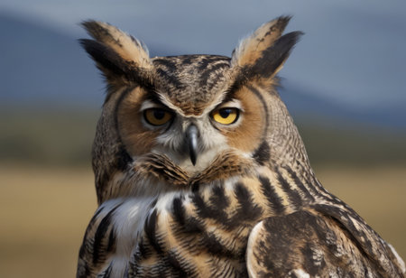 An Eurasian Eagle Owl staring at something out of shot in a woodland setting.の素材