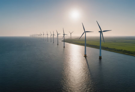offshore wind farm at dusk, renewable energy backgroundの素材