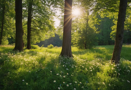 Scenic forest of fresh green deciduous trees framed by leaves, with the sun casting its warm rays through the foliageの素材