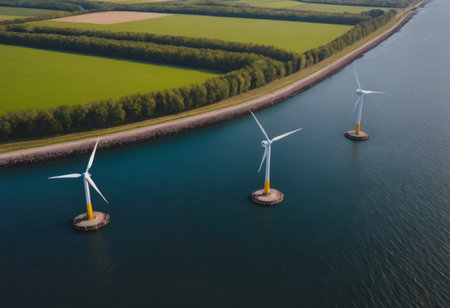 offshore wind farm at dusk, renewable energy backgroundの素材