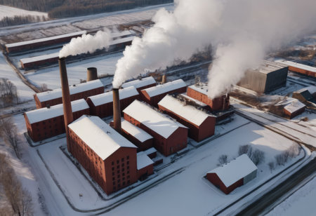 an old red brick boiler room, pipes with a cloud of steam, a winter landscape. A large city boiler house is operating at full capacityの素材