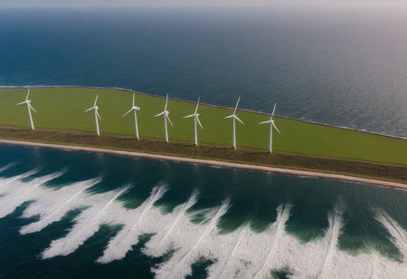 offshore wind farm at dusk, renewable energy backgroundの素材
