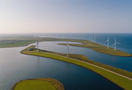 offshore wind farm at dusk, renewable energy backgroundの素材