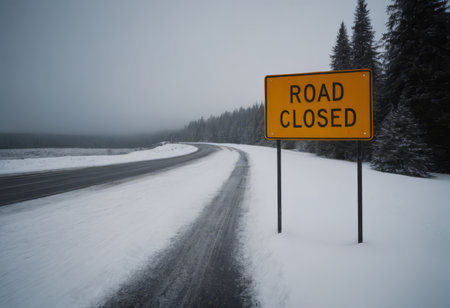 Road Closed sign placed beside a snow covered road on a cold winter dayの素材