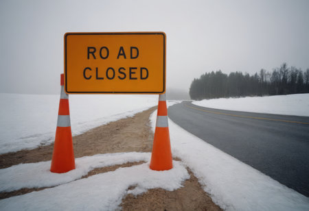 Road Closed sign placed beside a snow covered road on a cold winter dayの素材