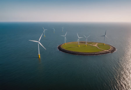 offshore wind farm at dusk, renewable energy backgroundの素材