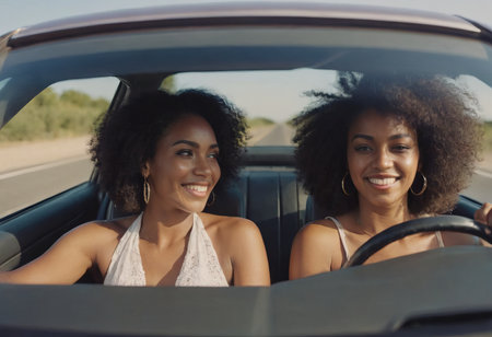 A picture of pretty young women driving a car during a road trip on a beautiful summer day.の素材