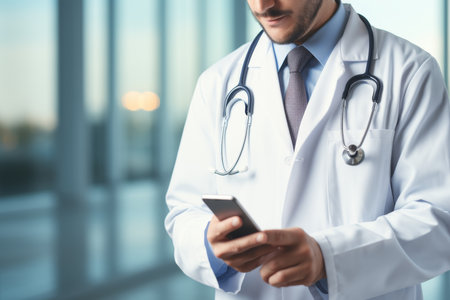 cutting-edge medical technology. doctors use of mobile phone and stethoscope in modern officeの素材