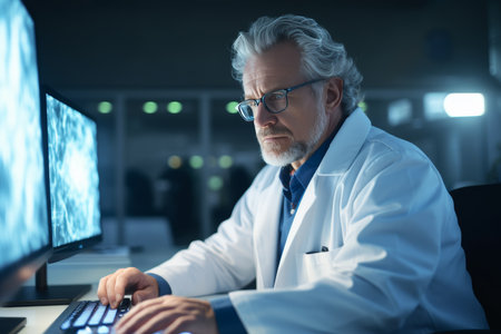 Medical scientist analyzing CT brain scans on computer for neurological research in laboratoryの素材