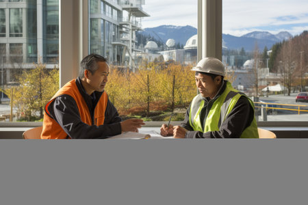 Colleagues reviewing data on tablet and laptop at construction site for architectural projectの素材