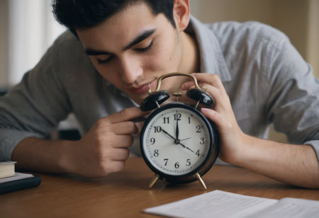 Alarm clock with books on the table of a student doing homework at home, close-up.の素材