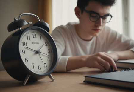 Alarm clock with books on the table of a student doing homework at home, close-up.の素材