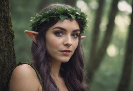 Elf girl dressed in a cape and with a wreath on her head in the forest. Fantasy elf from the forest. Beautiful fantasy womanの素材