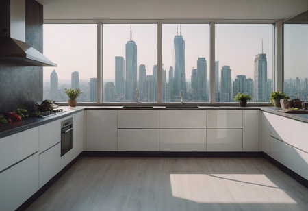 Modern kitchen with spacious island, sleek appliances, skyline view, elegant cabinets, light wood floors, breakfast bar, full-size appliances, stylish design, ample natural light.の素材