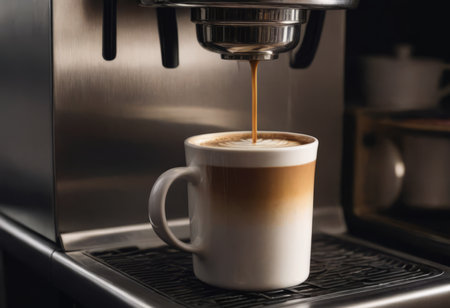 Freshly brewed coffee flows from an espresso machine into two white and green ceramic cups. The machine is made of black plastic and metal and has a shiny silver portafilter.の素材