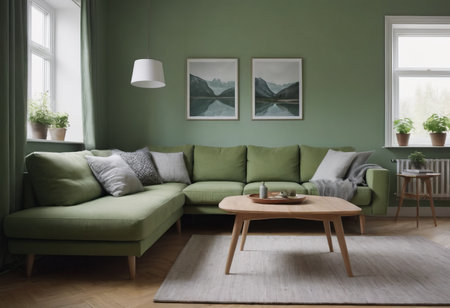 The living room has soft green walls, a comfy green sofa, and modern Scandinavian furniture. Its adorned with plants, paintings, and a cozy rug, creating a calming and inviting atmosphere.の素材