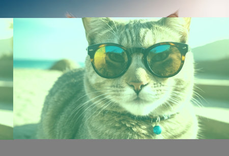 funny cat in round sunglasses close-up.の素材