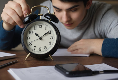 Alarm clock with books on the table of a student doing homework at home, close-up.の素材
