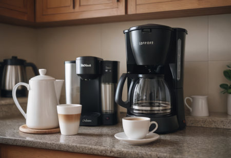 A black drip electric coffee machine with a glass teapot brews a morning drink. Household appliances, a white cup and a jar of beans on the kitchen table on the countertop at home.の素材