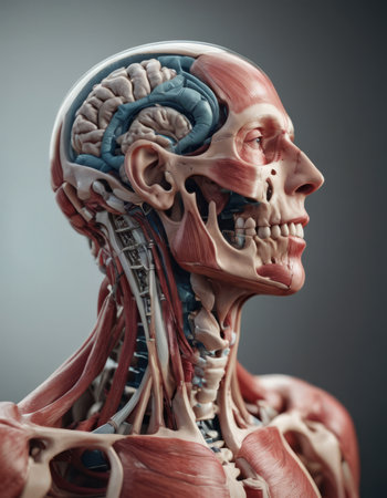 Anatomy human body model in the class room on white background.Part of human body model with organ system.Human muscle model.Medical education concept.の素材