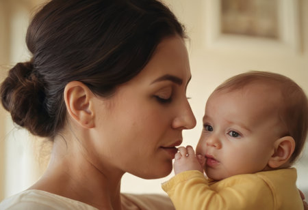 Loving mom caring of her newborn baby at home. Bright portrait of happy mum holding sleeping infant child on hands. Mother hugging her little 2 months old son.の素材